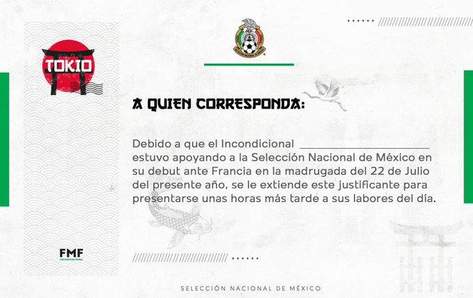 El “Tri” ol&iacute;mpico emite justificante laboral para aficionados desvelados