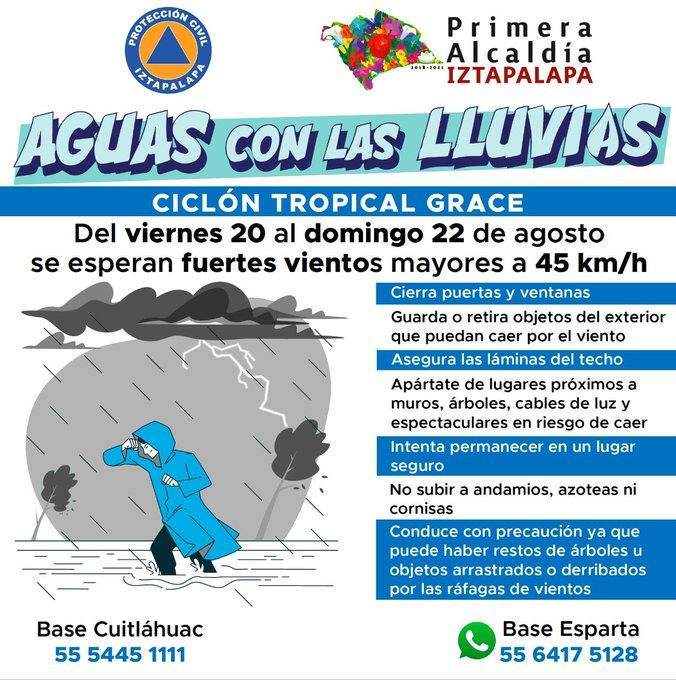 Iztapalapa pide prevenirse ante posibles vientos y precipitaciones por huracán Grace