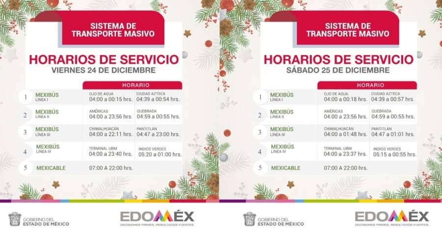Mexibús y Mexicable ofrecerán horarios especiales para este 24 y 25 de diciembre