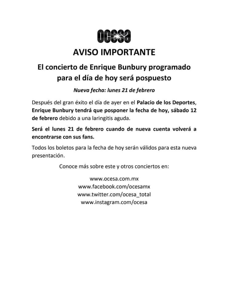 Enrique Bunbury suspende concierto en Ciudad de M&eacute;xico por inflamaci&oacute;n en la garganta