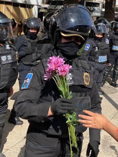 Manifestantes regalan flores a policías como símbolo de paz
