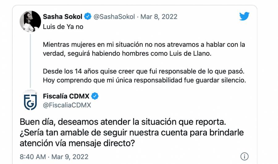 Fiscalía CDMX responde a Sasha Sokol sobre denuncia