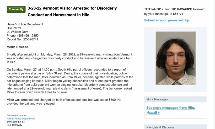 Por un provocar un incidente en un karaoke de Haw&aacute;i, detuvieron al actor Ezra Miller