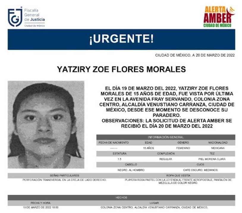 Activan Alerta Amber para localizar a una menor desaparecida en Venustiano Carranza