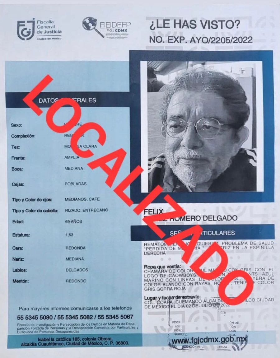 Localizan a Félix Pérez Romero Delgado, fue visto la última vez en alcaldía Xochimilco