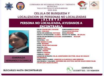 Emiten ficha para localizar a una menor de edad desaparecida en Valle de Chalco