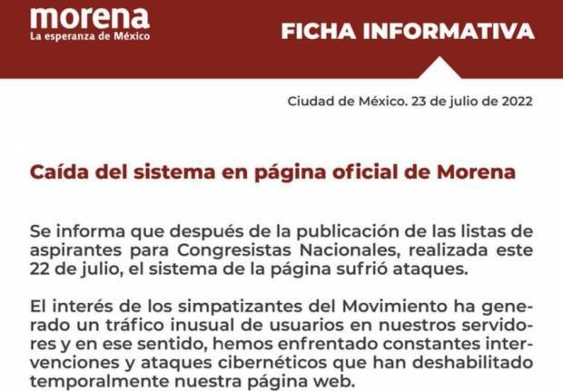 Morena sospecha de ataques cibernéticos, tras caída de su página