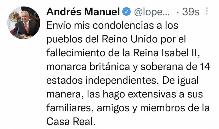 AMLO externa condolencias por deceso de la Reina Isabel II