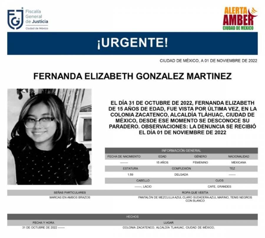 Alerta Amber para localizar a Fernanda Elizabeth González Martínez, extraviada en Tláhuac