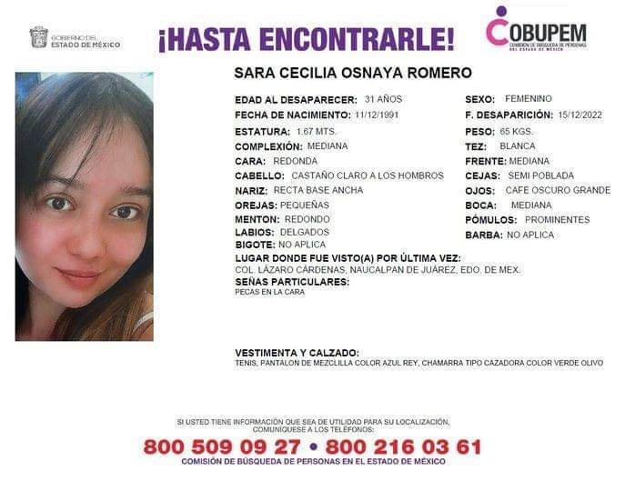 Reportan desaparición de Sara Cecilia Osnaya Romero en Naucalpan, Edomex
