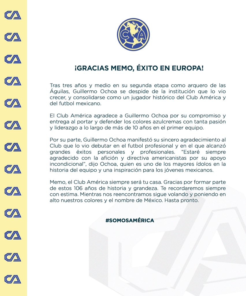 Club América hace oficial la salida de Guillermo Ochoa