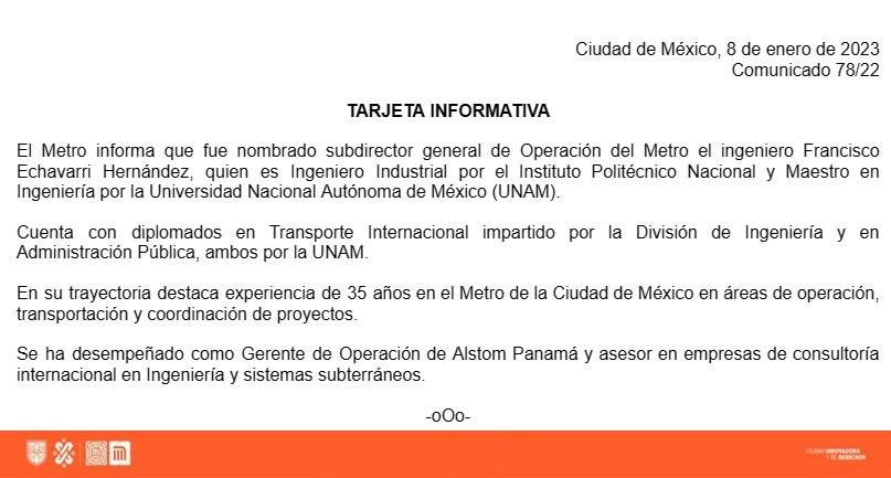 Nombran nuevo subdirector de Operación del Metro CDMX