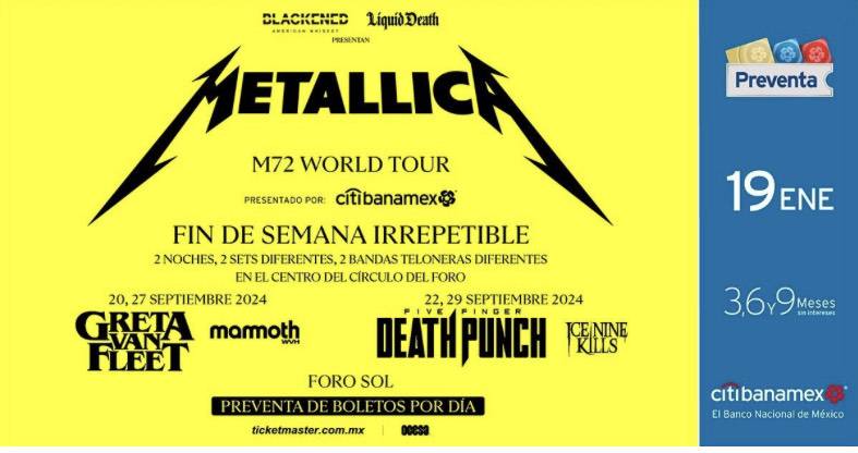 METALLICA ANUNCIA BOLETOS POR DÍA