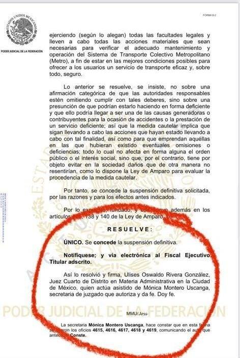 Juez otorga amparo para que se eviten más muertes en el Metro