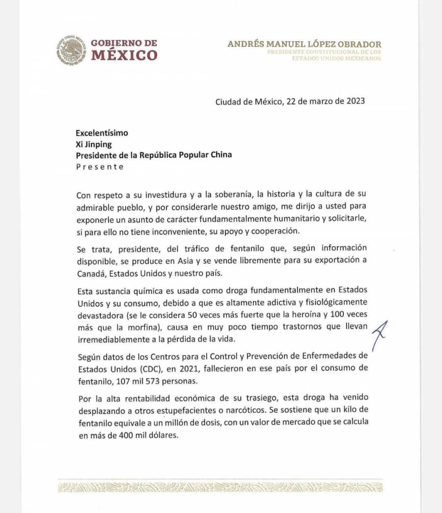 AMLO manda carta a presidente de China para que ayude a controlar tráfico de fentanilo a México