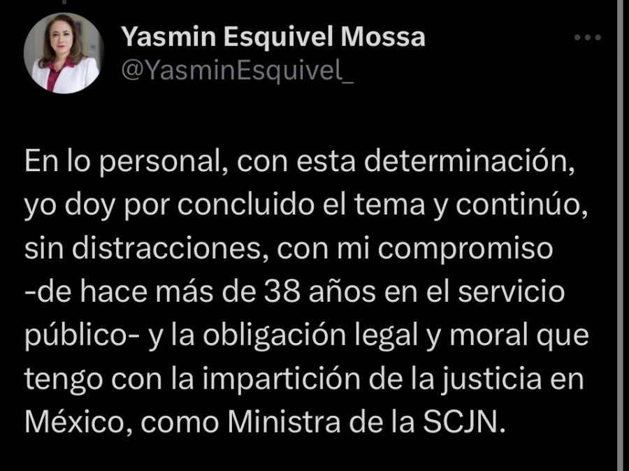 Tras decisión de Jueza sobre la tesis de ministra, Esquivel señala que da por concluido el tema