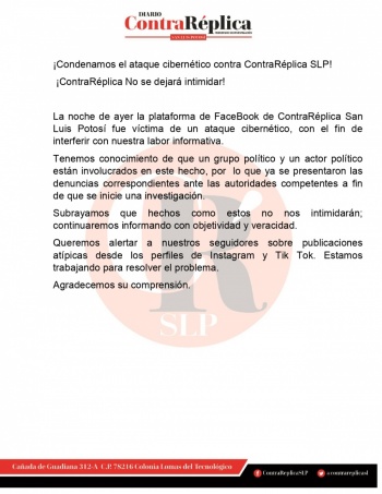 ¡Condenamos el ataque cibernético contra ContraRéplica SLP!