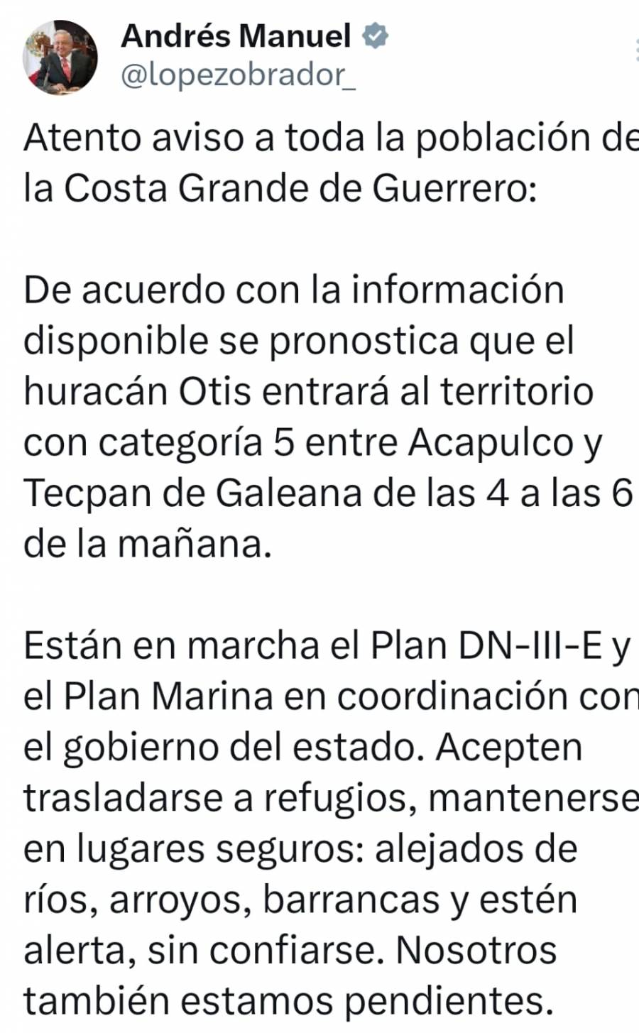 AMLO alerta a población de Guerrero que Otis entrará como categoría 5