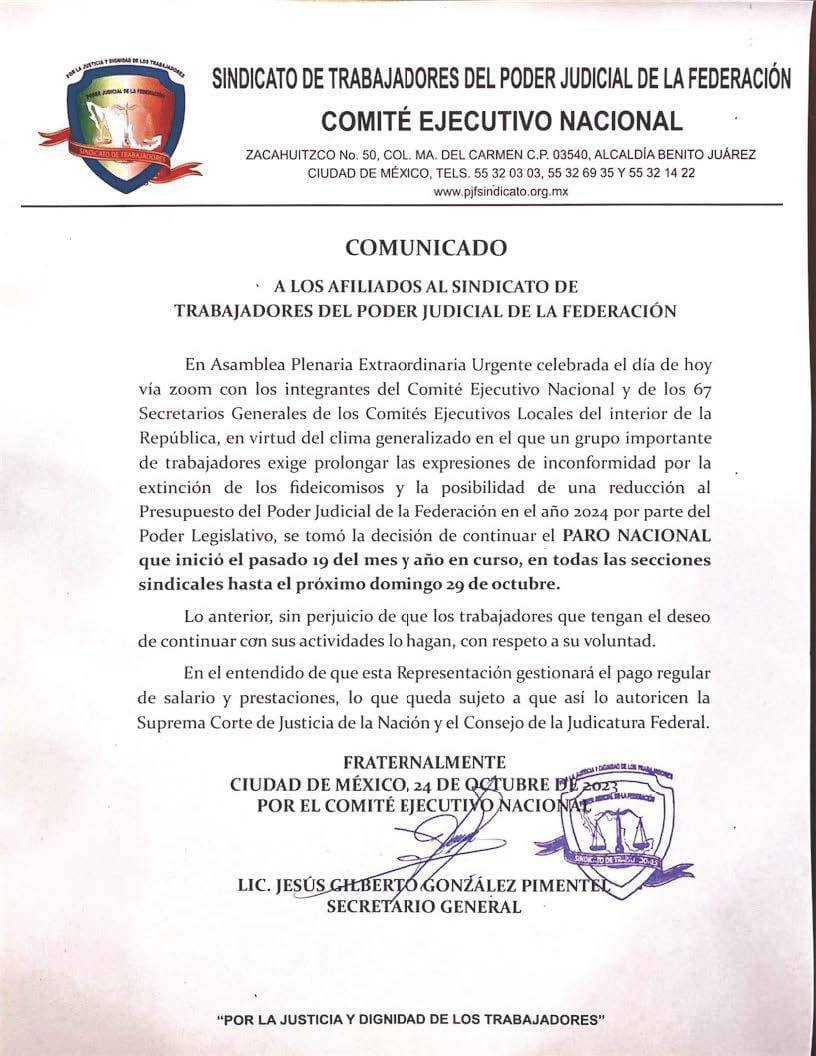 Sindicato del PJF prolonga el paro nacional tras aprobaci&oacute;n de la extinci&oacute;n de los fideicomisos en el Senado
