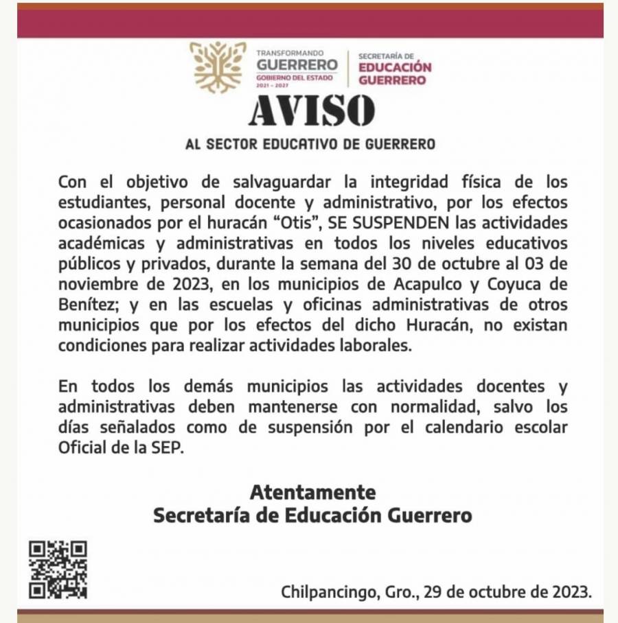 Hasta 3 de octubre se suspenden clases en Acapulco y Coyuca de Benítez: SEP