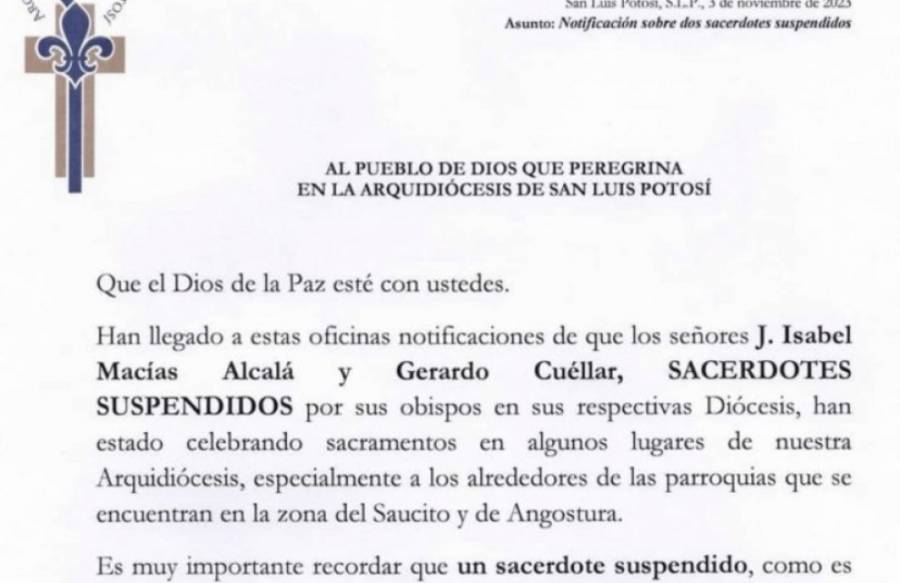Arquidiócesis de SLP lanza advertencia sobre prácticas ilícitas de sacerdotes suspendidos