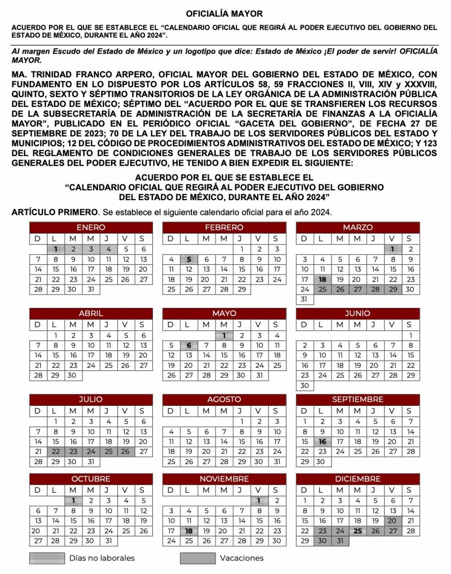 Publica Gobierno del Edomex calendario oficial 2024, año del bicentenario de su fundación
