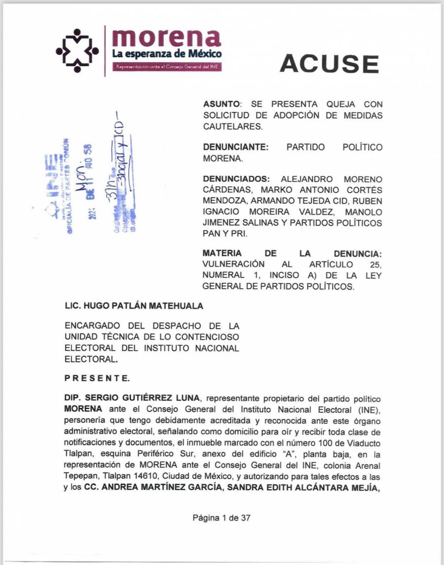 Presenta Morena queja contra Marko Cortés gobernador de Coahuila y Alito por acuerdo político