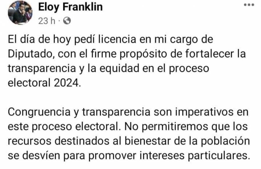 Eloy Franklin solicita licencia como diputado local