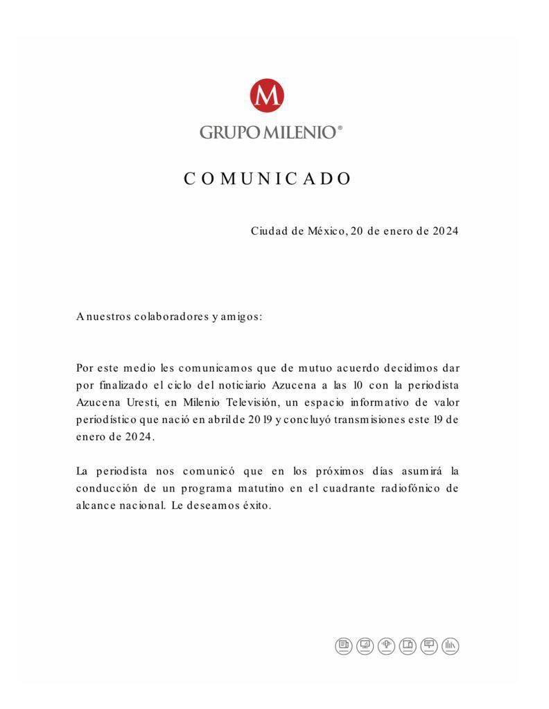 Grupo Milenio aclara salida de Azucena Uresti