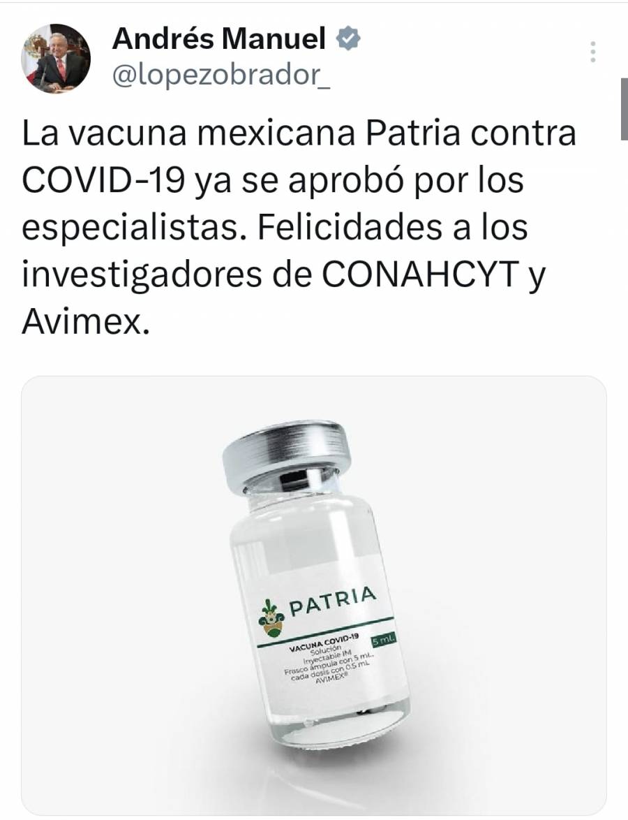 AMLO informa que vacuna “Patria” fue aprobada