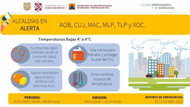 Alerta amarilla en Ciudad de México, por pronóstico de bajas temperaturas en seis demarcaciones