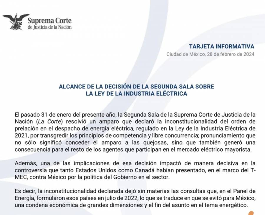 Al declarar inconstitucional la la Ley energ&eacute;tica de AMLO, SCJN salvo a M&eacute;xico de fuertes sanciones econ&oacute;micas