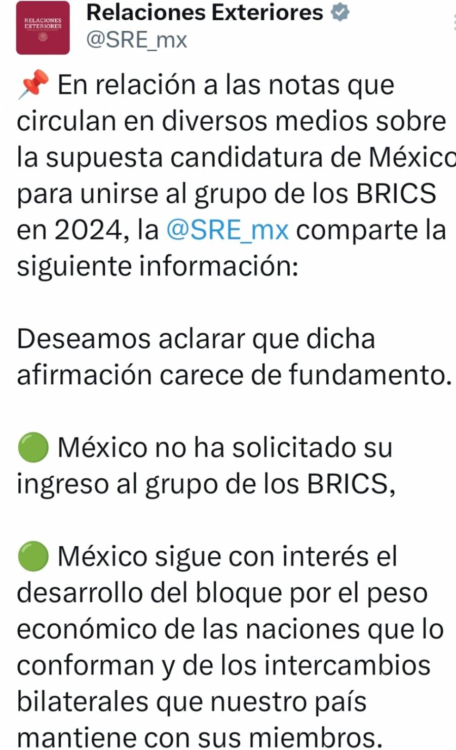 México desmiente querer unirse a los BRICS