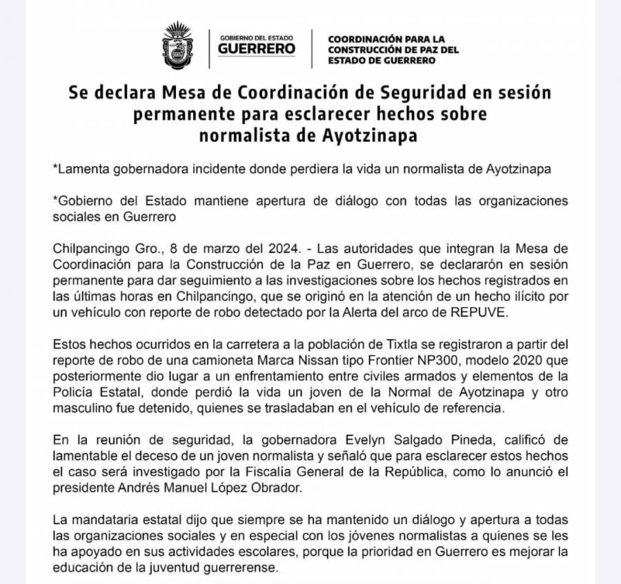 En sesión permanente Mesa de Coordinación para la Construcción de la paz, tras muerte de normalista: Evelyn Salgado