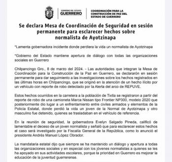 En sesi&oacute;n permanente Mesa de Coordinaci&oacute;n para la Construcci&oacute;n de la paz, tras muerte de normalista: Evelyn Salgado