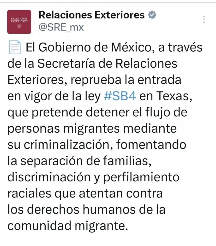 México reprueba Ley SB4, no aceptará repatriaciones de Texas y participará como ‘amicus curie” en apelación