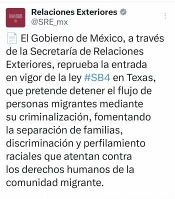 México reprueba Ley SB4, no aceptará repatriaciones de Texas y participará como ‘amicus curie” en apelación