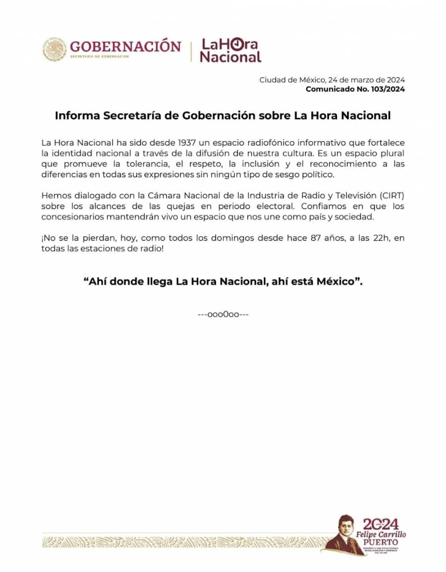 Segob confía en que seguirá transmisión de 'La Hora Nacional' y llama a escucharla este domingo