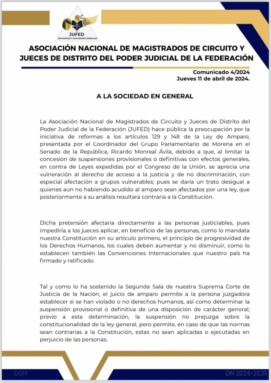 Magistrados y jueces de distrito se pronuncian en contra de reforma a ley de amparo