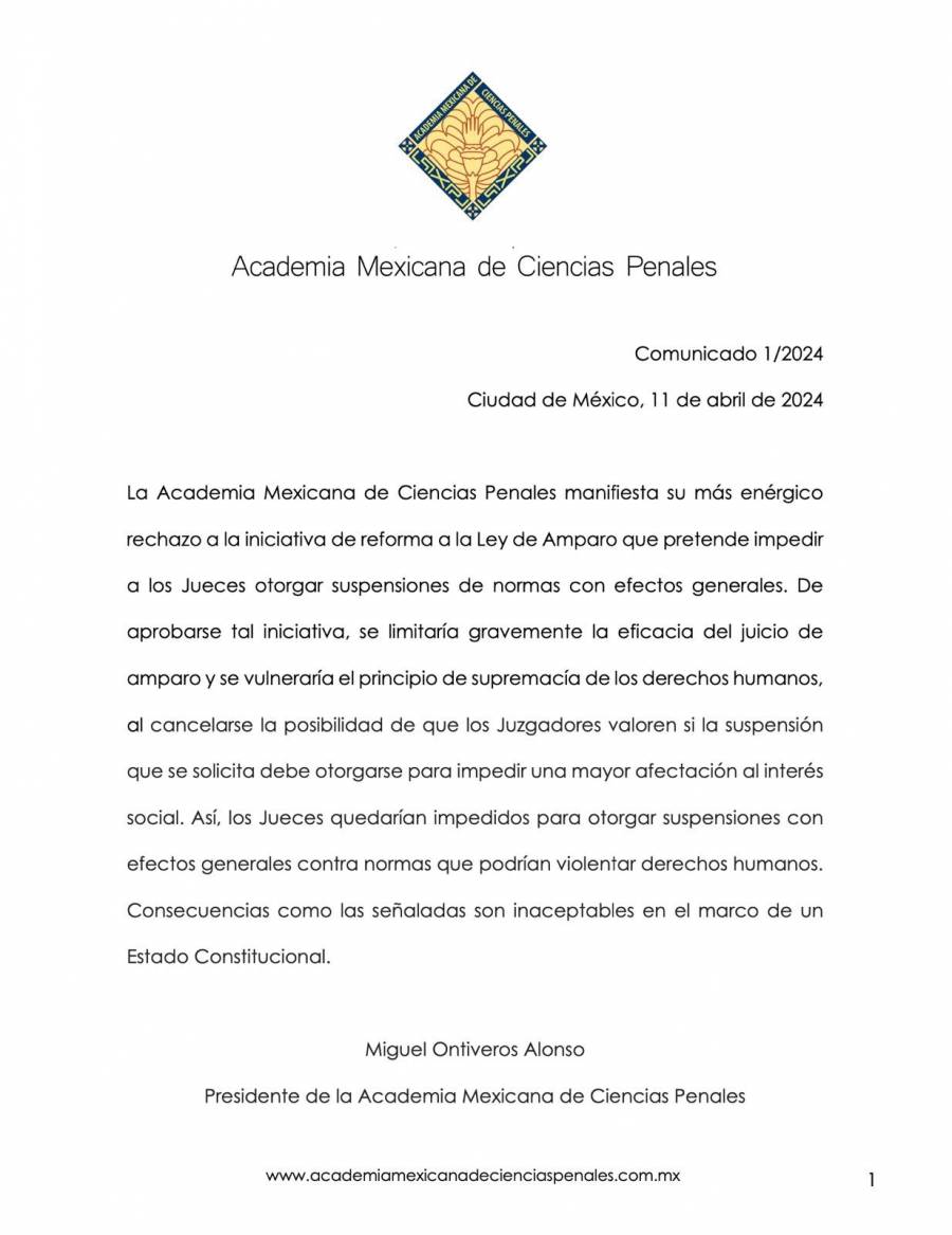 Academia Mexicana de Ciencias Penales se opone a iniciativa que restringe Ley de Amparo