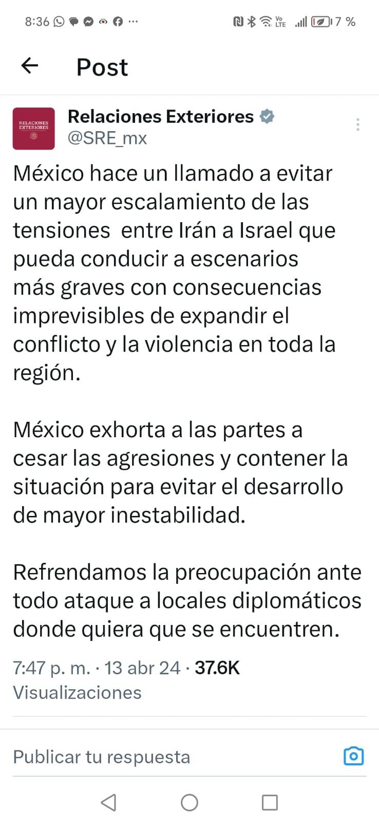 M&eacute;xico llama a Ir&aacute;n e Israel a evitar la expansi&oacute;n de conflicto b&eacute;lico en la regi&oacute;n