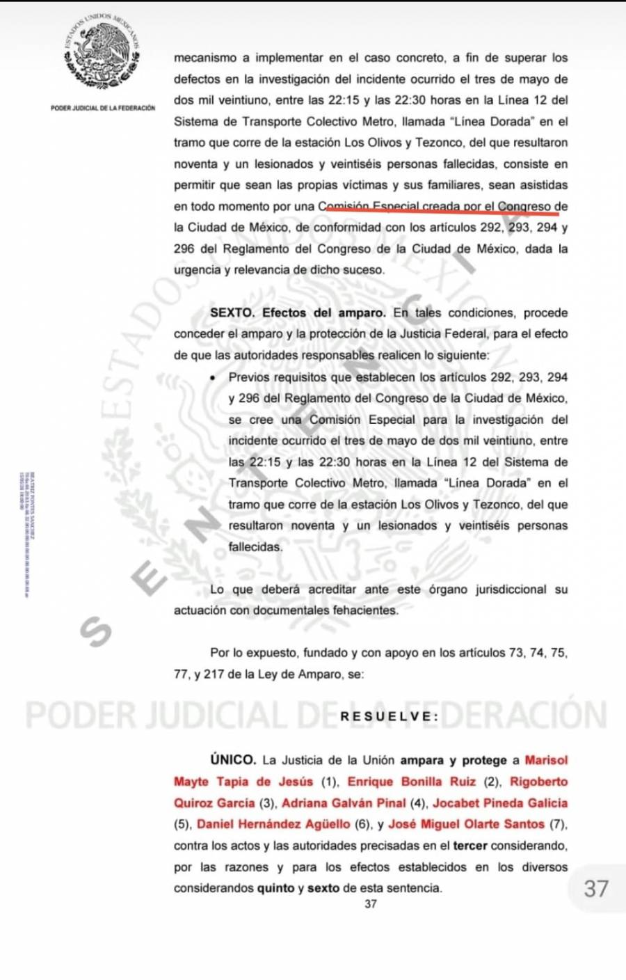 PJF urge a Congreso CDMX a conformar Comisión Especial investigadora de atención a víctimas de L12