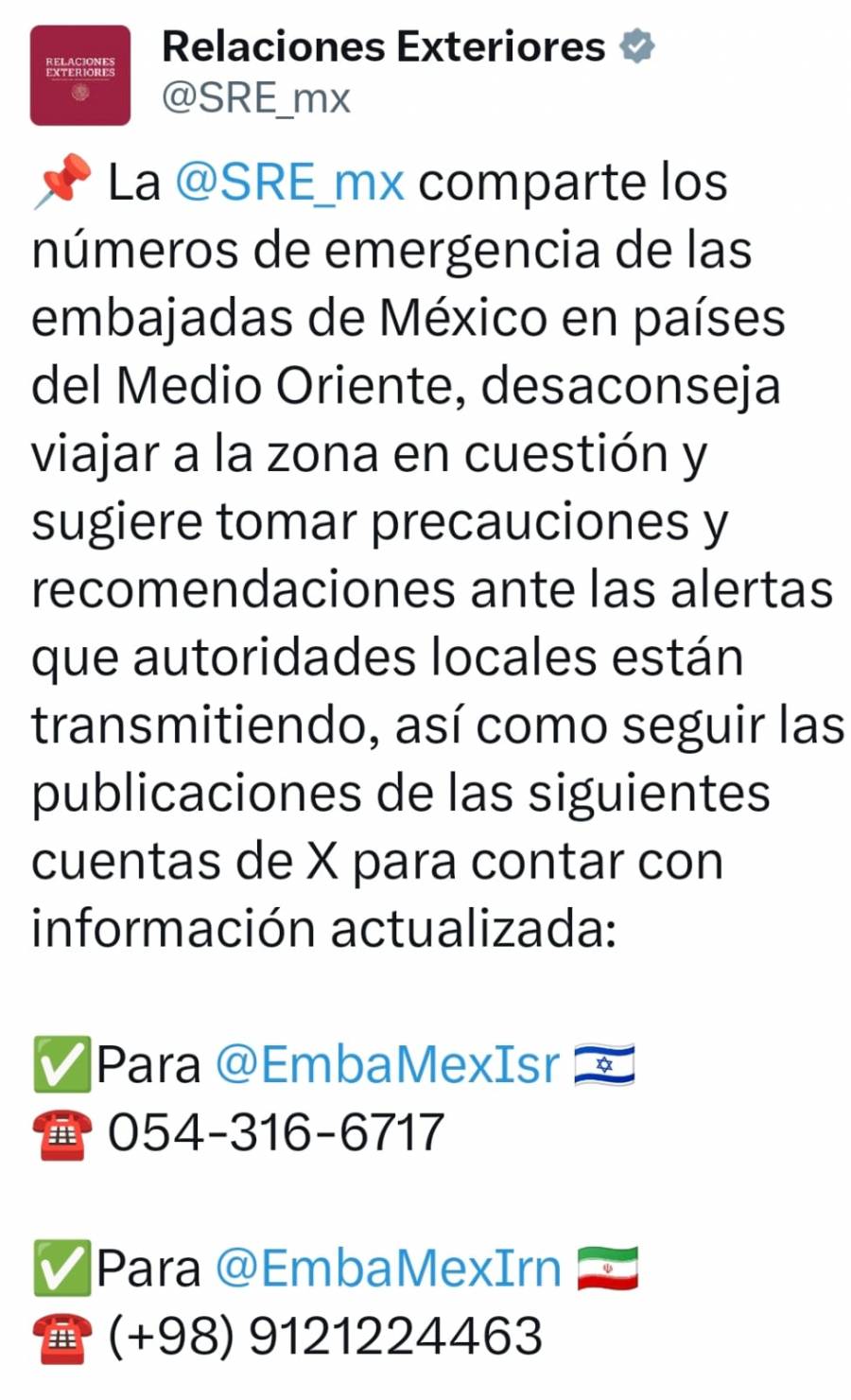 Cancillería pide no viajar a medio oriente ante conflicto bélico; y comparte números de emergencias para mexicanos allá