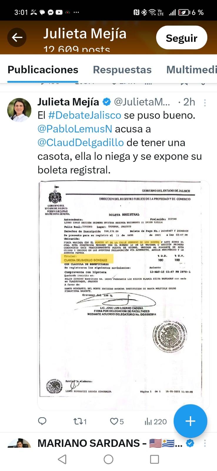 Diputados de MC postean boleta de presunta residencia de Claudia Delgadillo