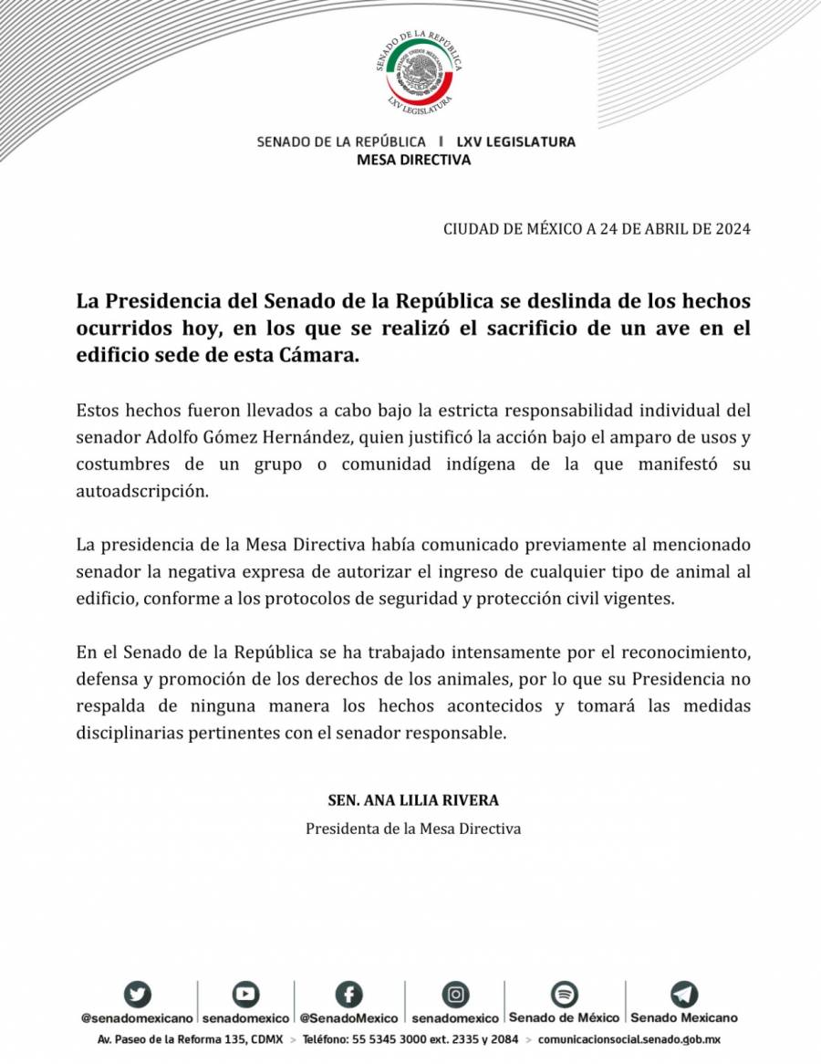 Presidencia del Senado deslinda responsabilidad del sacrificio de gallina en el Senado de la República