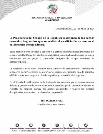 Presidencia del Senado deslinda responsabilidad del sacrificio de gallina en el Senado de la República