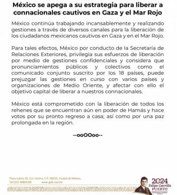 M&eacute;xico ve riesgo en comunicado de 18 pa&iacute;ses para exigir liberaci&oacute;n de rehenes en Gaza