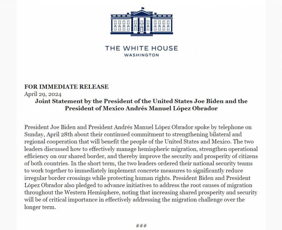 Emiten declaración conjunta México y EU tras llamada entre ambos presidentes
