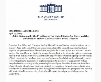 Emiten declaración conjunta México y EU tras llamada entre ambos presidentes