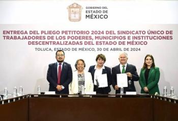 Delfina Gómez recibe Pliego Petitorio del Convenio de Prestaciones 2024 del SUTEYM